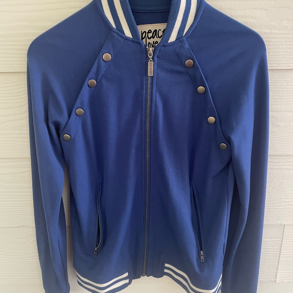 Peace Love World blue zip up knit jacket size XS